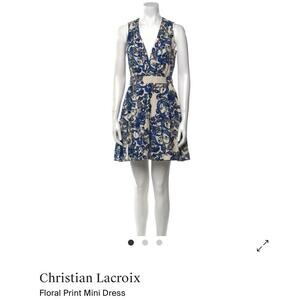 CHRISTIAN LACROIX Linen Blend Wrap Mini Dress Blue Porcelain Print Size Med
